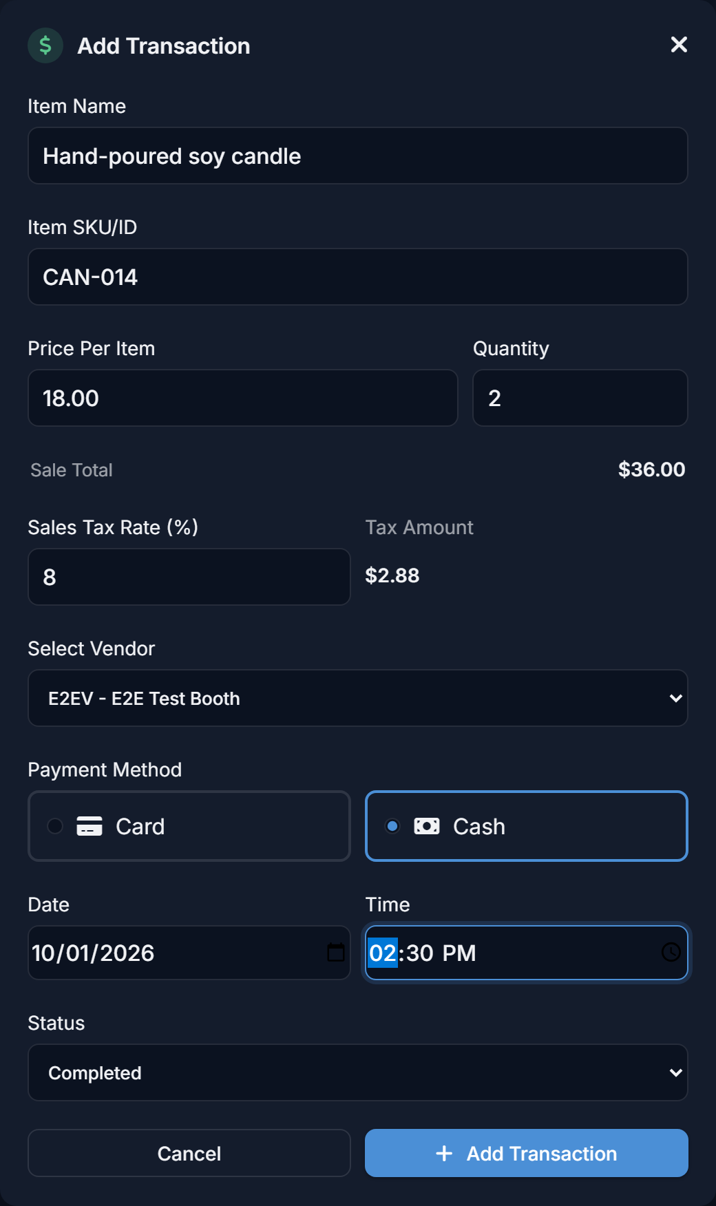 The Add Transaction dialog, filled in for a two-item cash sale