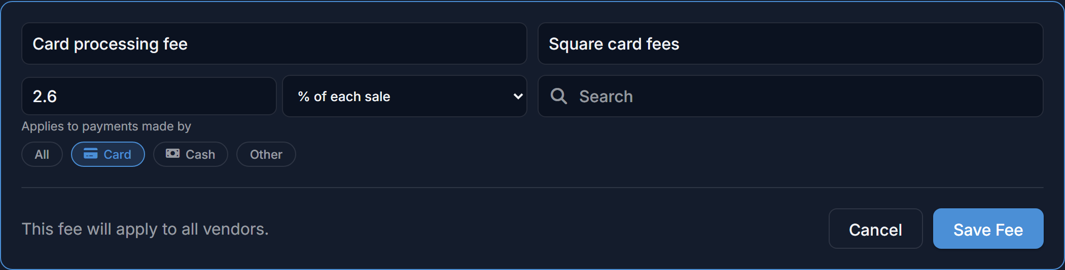 A custom fee limited to card payments - only the Card option is highlighted