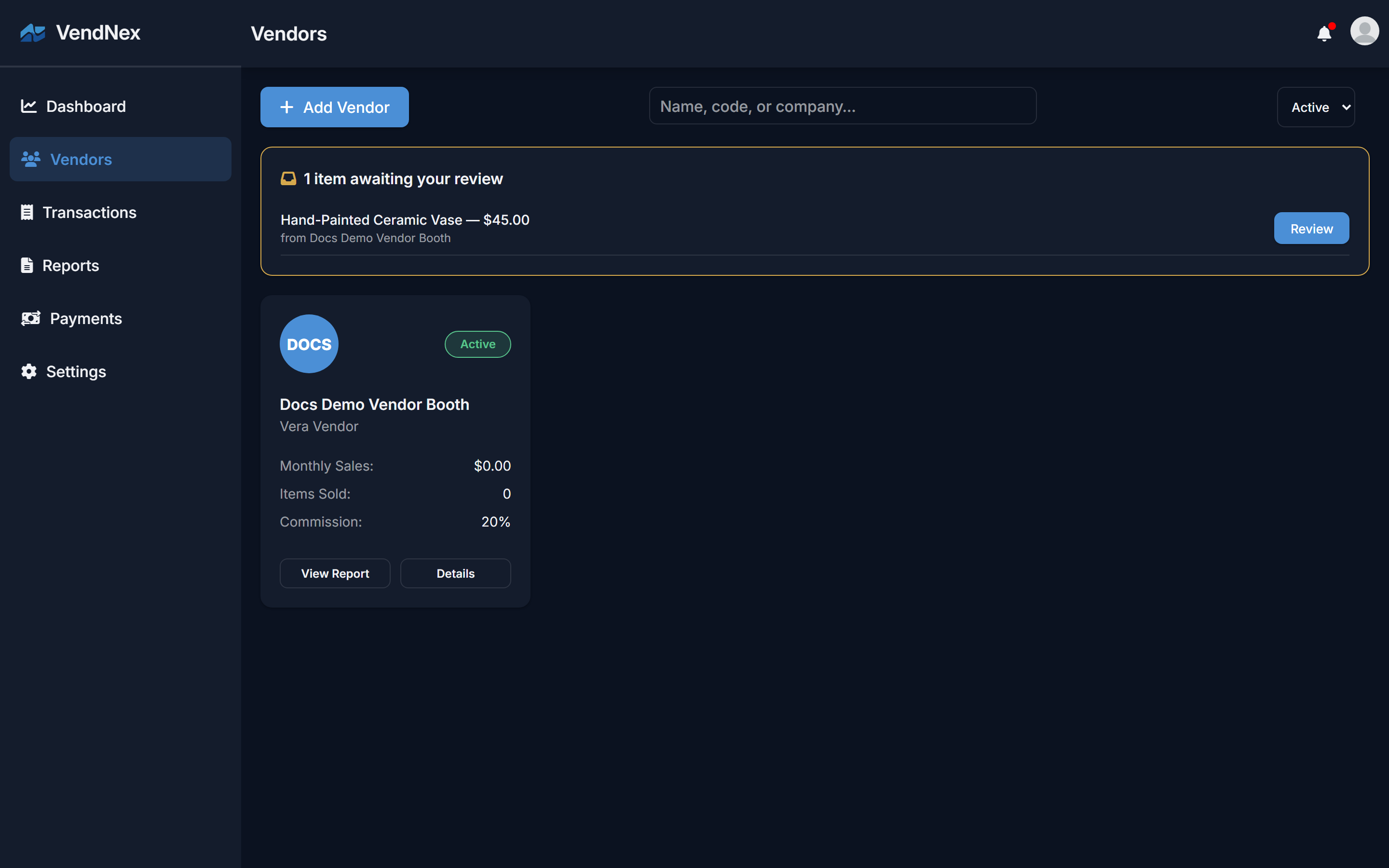 Pending item submissions on the Vendors page