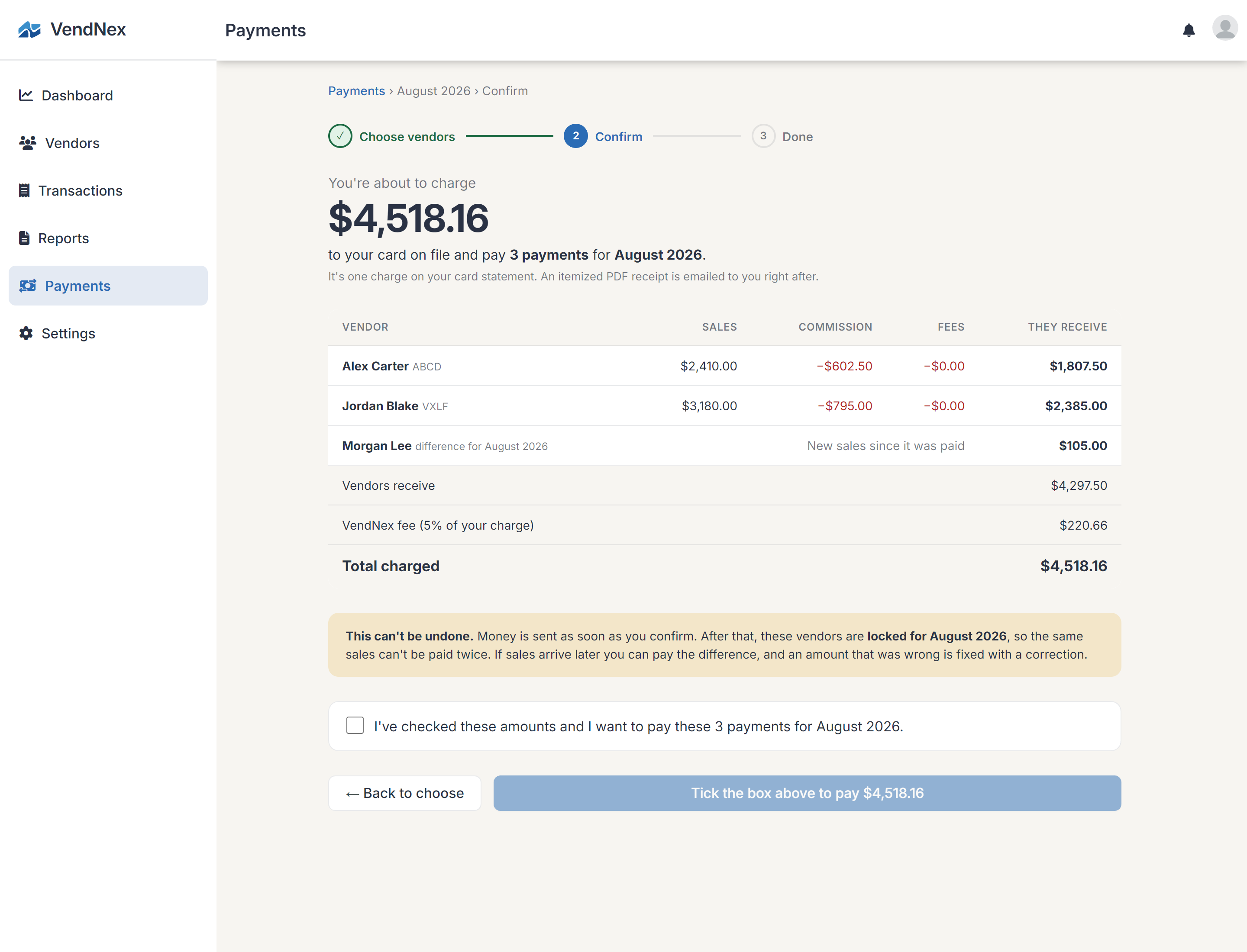 The confirm page showing the single charge, the vendors, and the confirmation checkbox