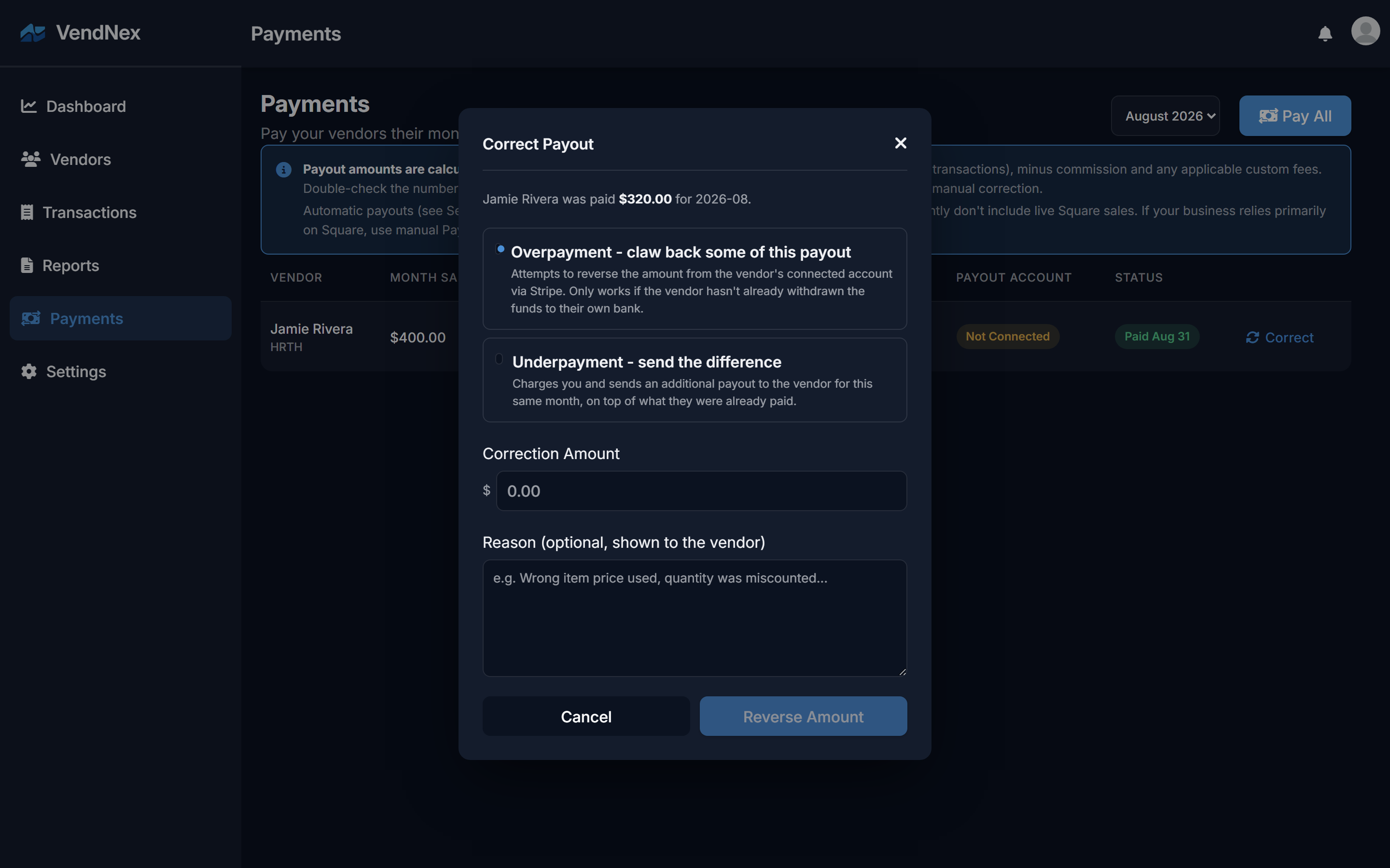 The Correct Payout dialog