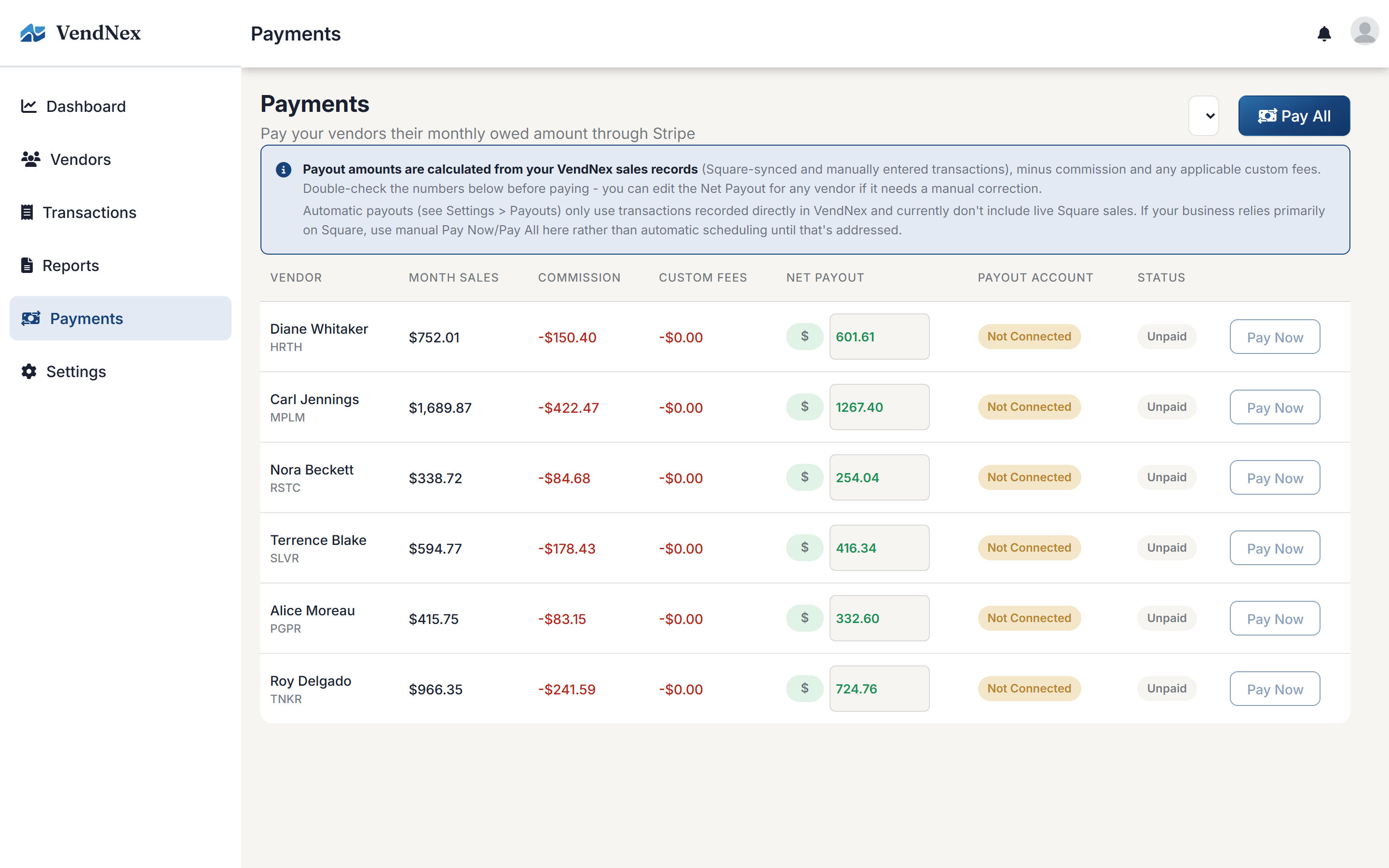 The Payments page with per-vendor payout amounts