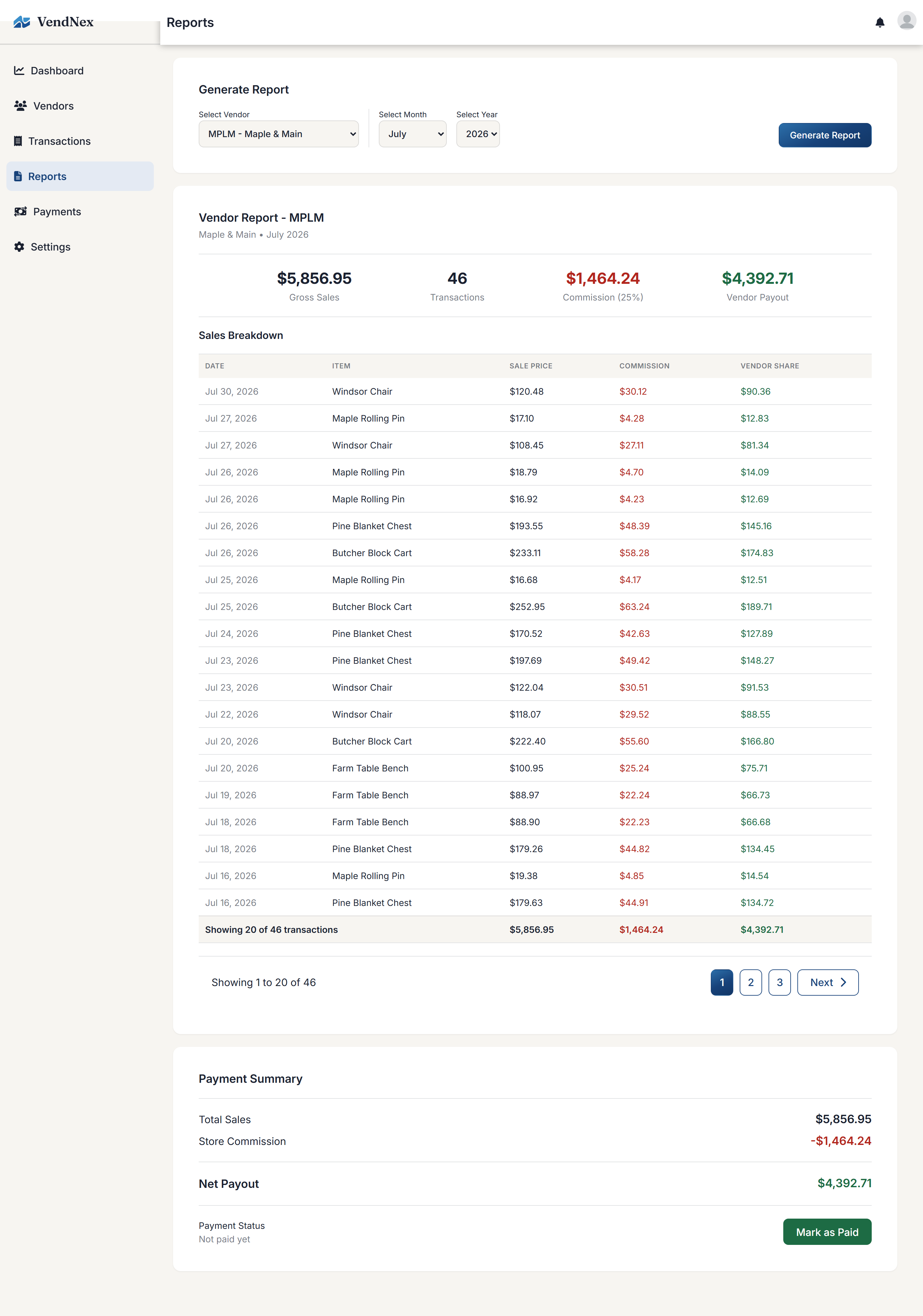 A generated vendor report with an itemized sales breakdown