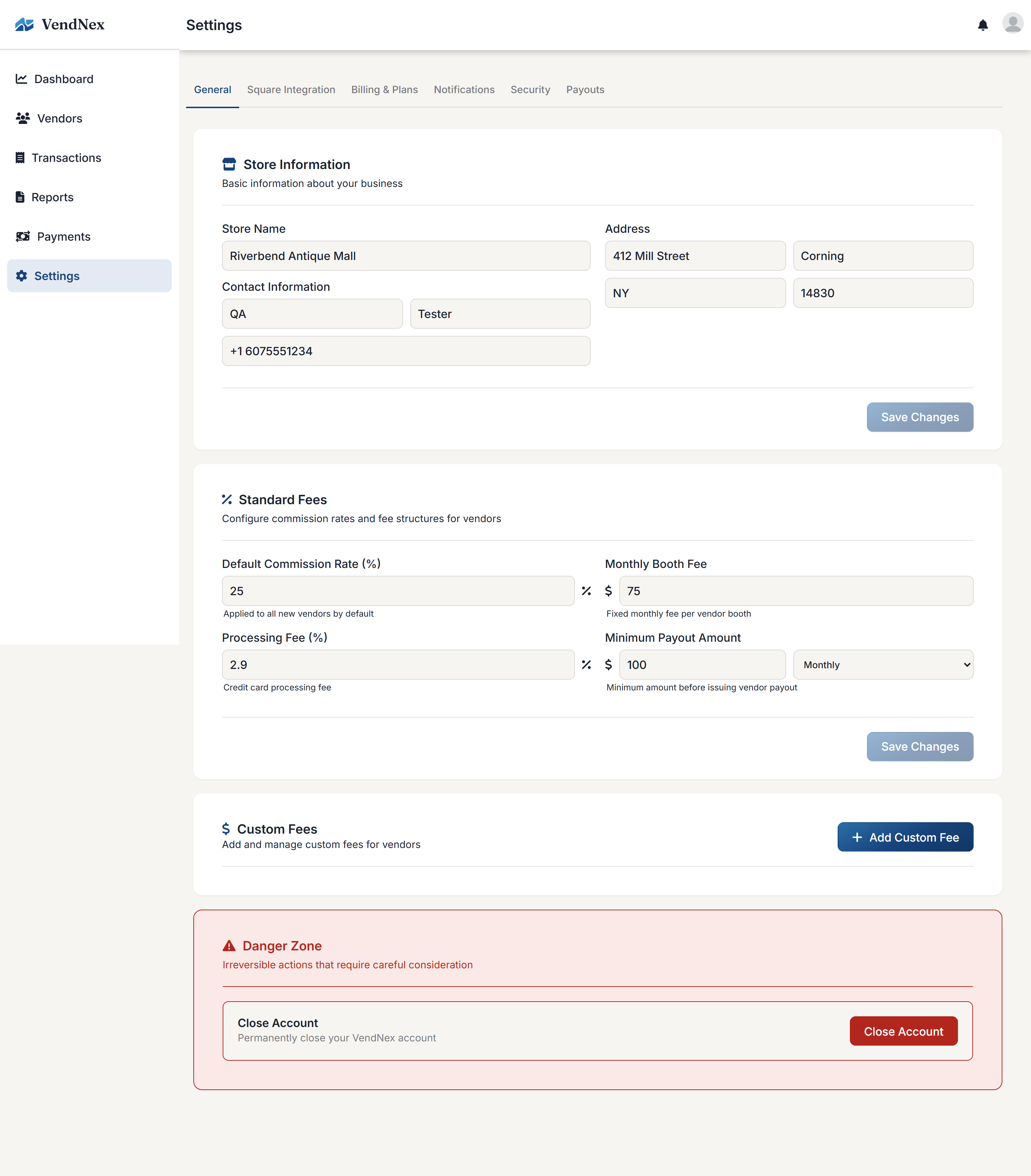 Settings → General, including standard fees and custom fees