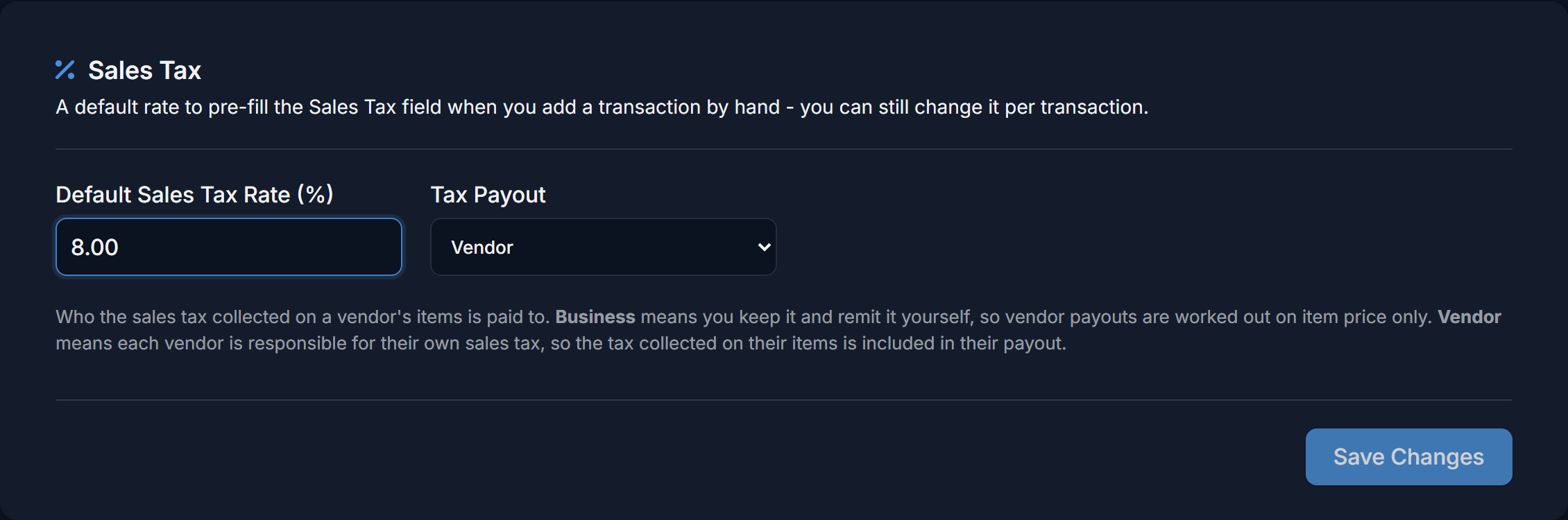 The Default Sales Tax Rate and Tax Payout settings