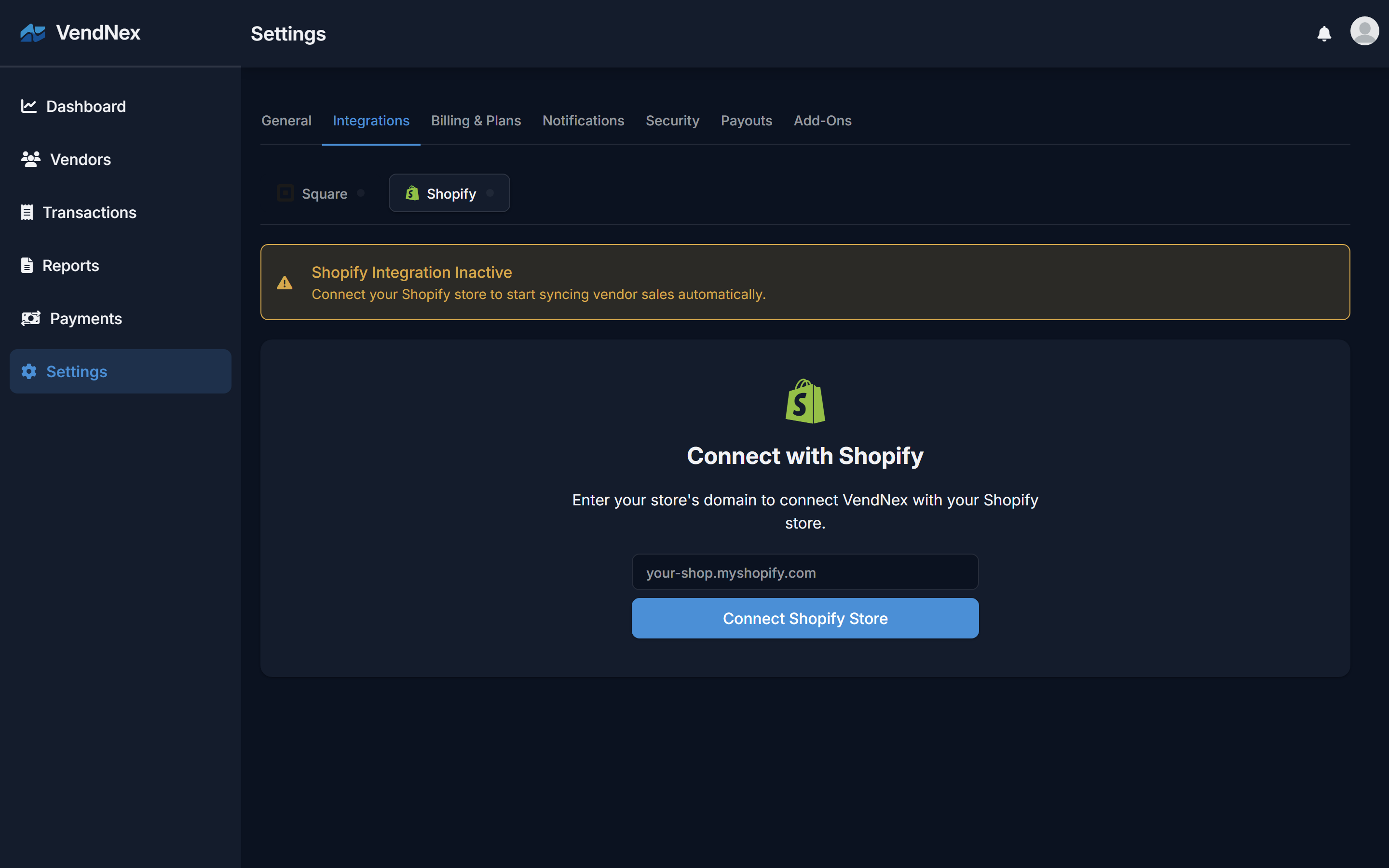 Settings → Integrations, Shopify tab before connecting