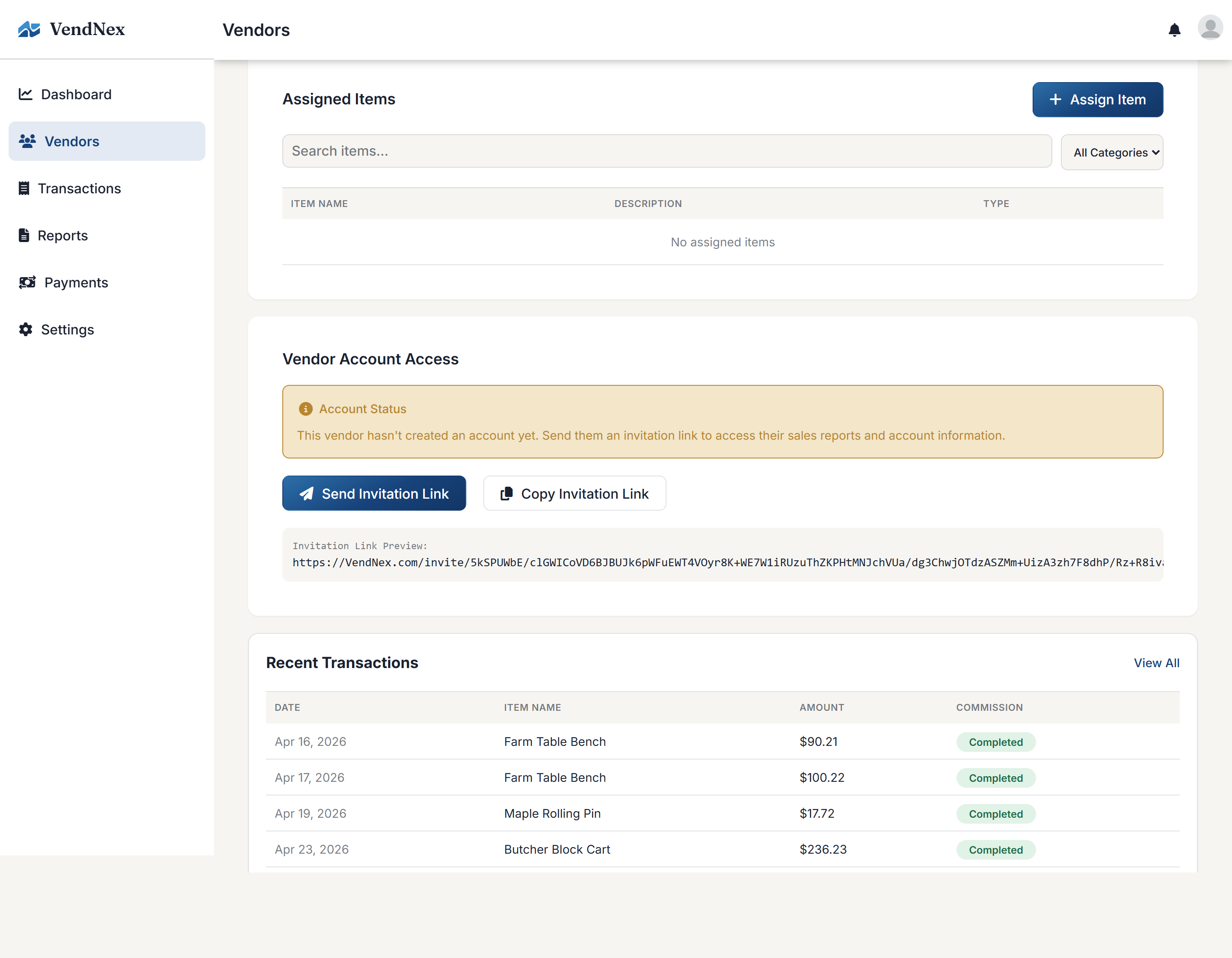 A vendor detail page, including their sales totals and assigned items