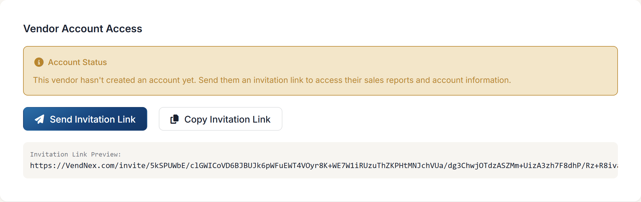 The Vendor Account Access panel, with the invitation link options