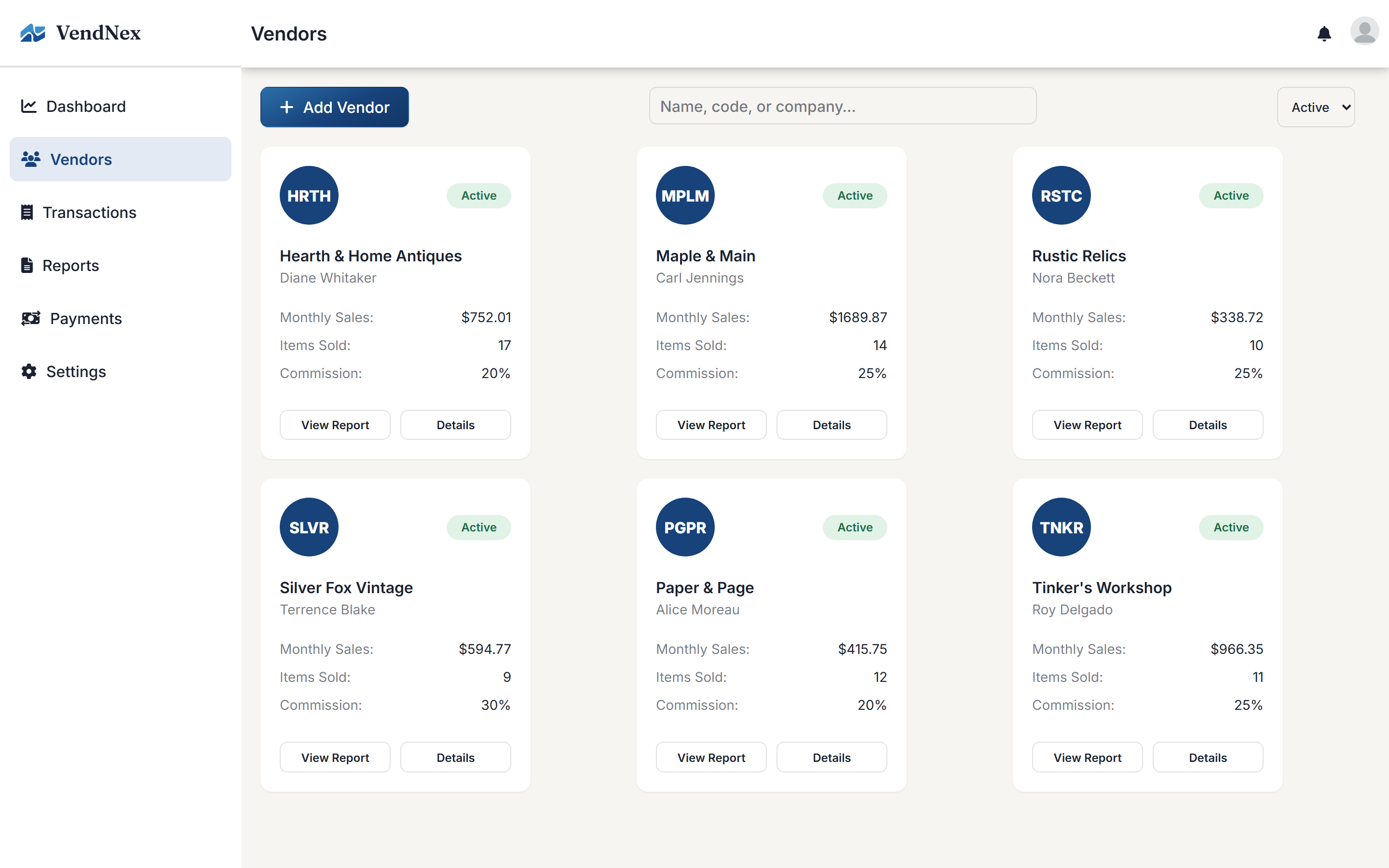 The Vendors page with several active vendors