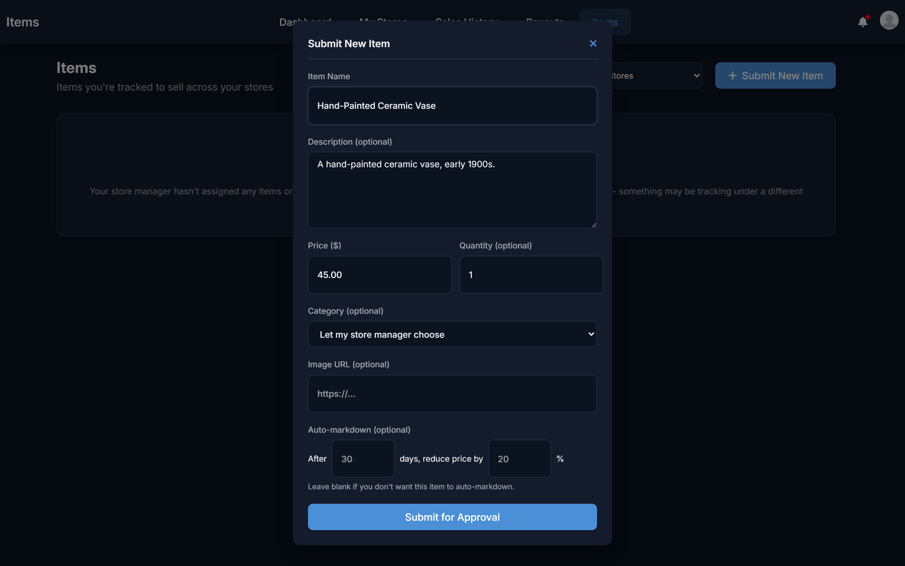 The Submit New Item form