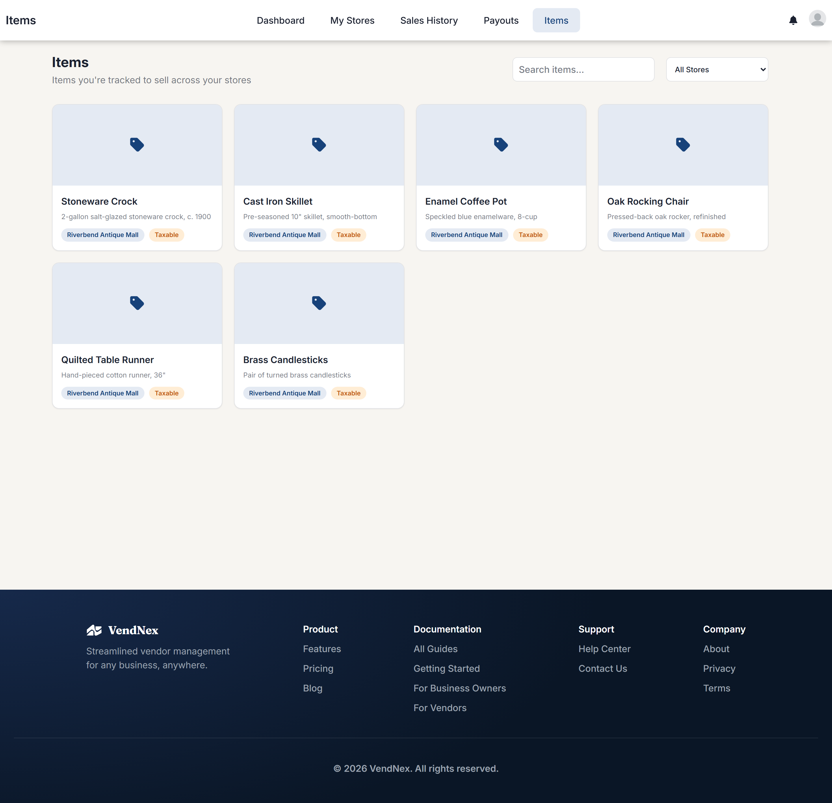 The vendor Items page