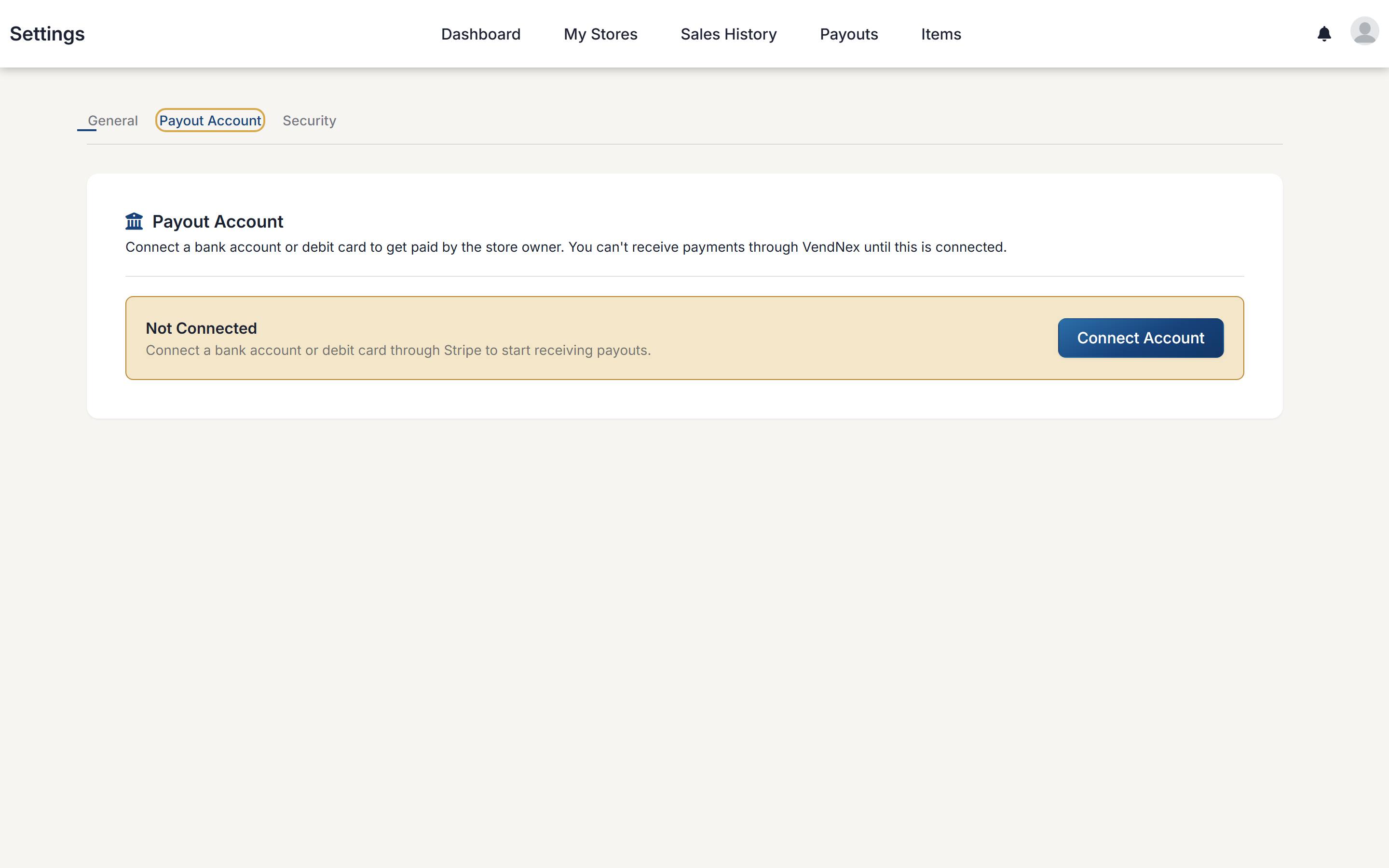 Settings → Payout Account before connecting