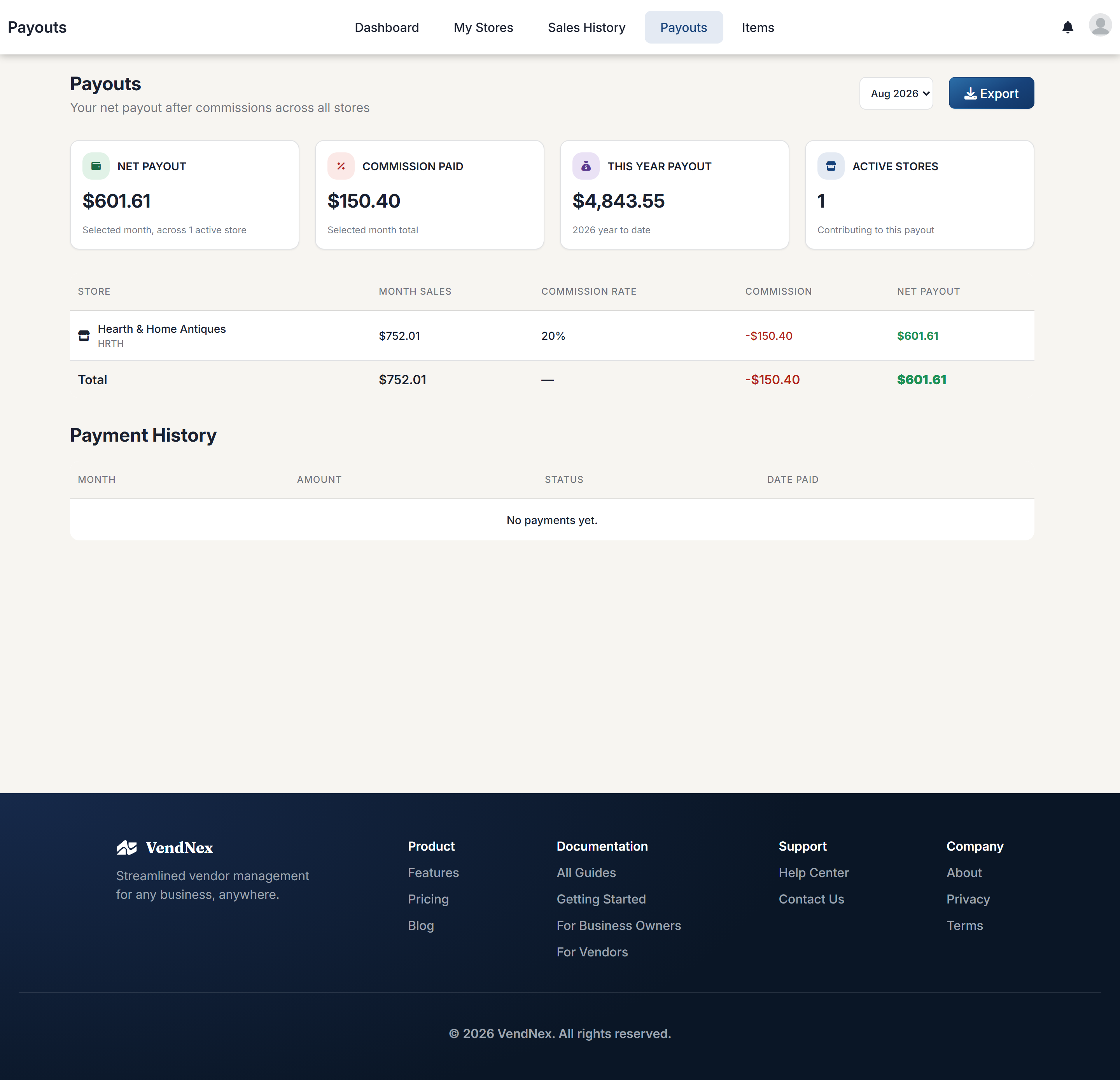 The vendor Payouts page